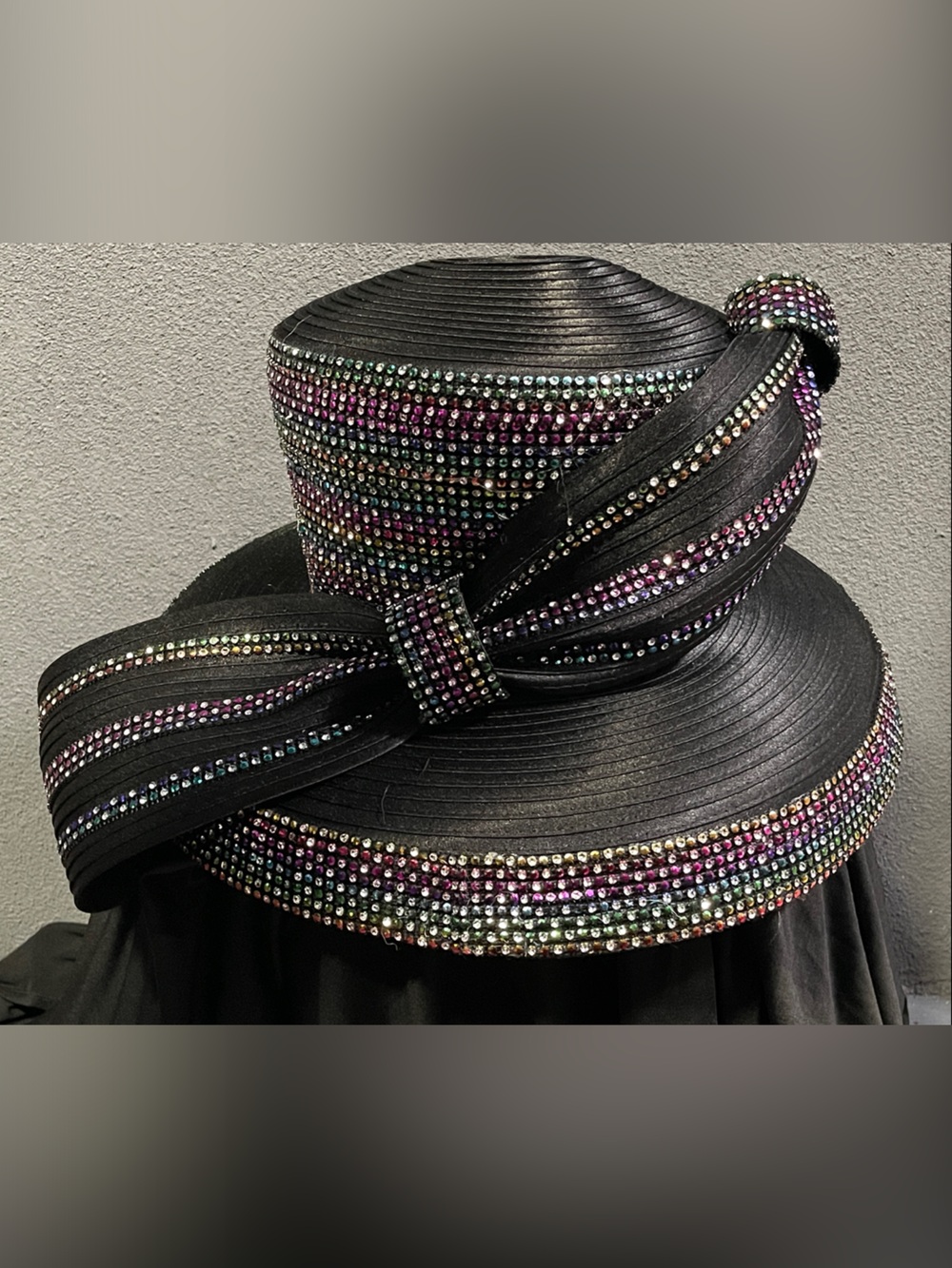 Black Women's Church Dress Hat w|Multi-Color Rhinestones + Matching Clutch